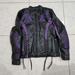 Xelement Women's  Biker Black and Purple Leather Embroidered Jacket